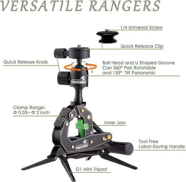 Alt view image 2 of 7 - TAKEWAY Camera Clamp Mount Tabletop C Clamp Mount Stand with Phone Holder, 360°Rotatable Mini Ball Head and 1/4" Screew Quick Release Clamp for GoPro/Brinno/DSLR/MILC/SLR Camera and Smartphone