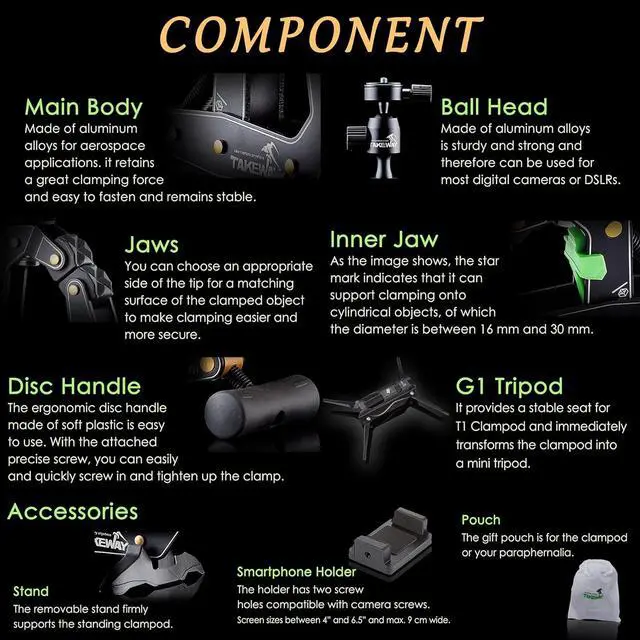 Alt view image 3 of 7 - TAKEWAY Camera Clamp Mount Tabletop C Clamp Mount Stand with Phone Holder, 360°Rotatable Mini Ball Head and 1/4" Screew Quick Release Clamp for GoPro/Brinno/DSLR/MILC/SLR Camera and Smartphone