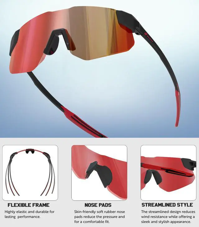 Alt view image 3 of 7 - Sport Sunglasses for Mens Womens, Wrap around Sunglasses, Non-Slip Nose Pads for Climbing and Running, UV400 Protection-Orange-red Color