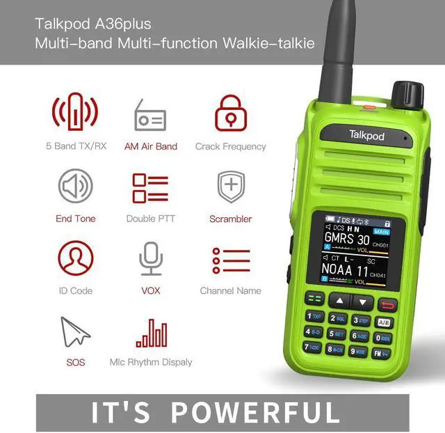 Alt view image 4 of 5 - Talkpod A36Plus Dual Bander GMRS/HAM/FRS Handheld Two Way Radio Licence-Free Walkie Talkies for Adults Long Range with VHF UHF Airbands Receive 5W Output, 512 Channels, 1.44inch Color Screen (Green)