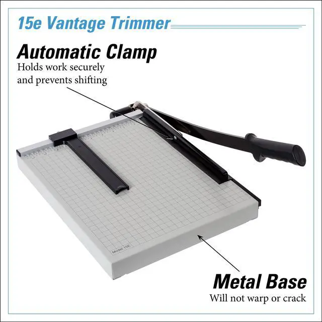 Alt view image 3 of 7 - Dahle Vantage 15e Paper Trimmer, 15" Cut Length, 15 Sheet, Automatic Clamp, Adjustable Guide, Metal Base with 1/2" Gridlines, Guillotine Paper Cutter