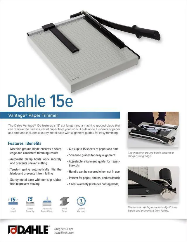 Alt view image 6 of 7 - Dahle Vantage 15e Paper Trimmer, 15" Cut Length, 15 Sheet, Automatic Clamp, Adjustable Guide, Metal Base with 1/2" Gridlines, Guillotine Paper Cutter