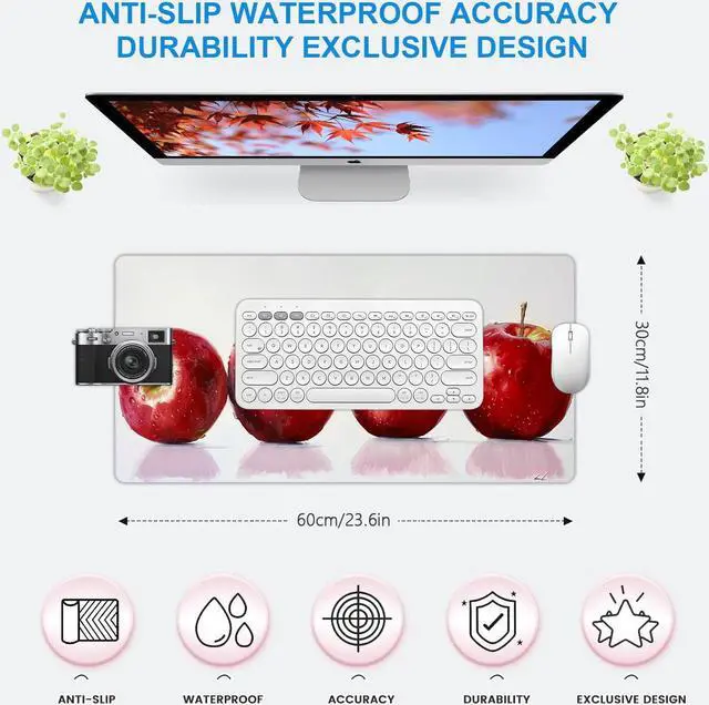 Alt view image 7 of 7 - TURTLEDOVE Apple Mouse Pad - Mouse Mat for Home and Office, Large Gaming Mousepad Laptop Keyboard Mat with Non-Slip Rubber Base, Stitched Edges 30*60cm