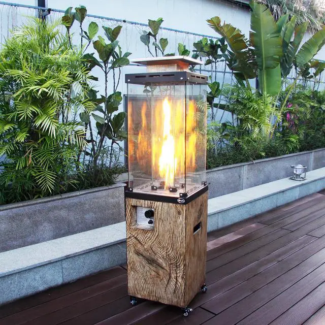 Alt view image 2 of 7 - Faux Woodgrain Texture Outdoor Gas Fire Heater With Tempered Glass