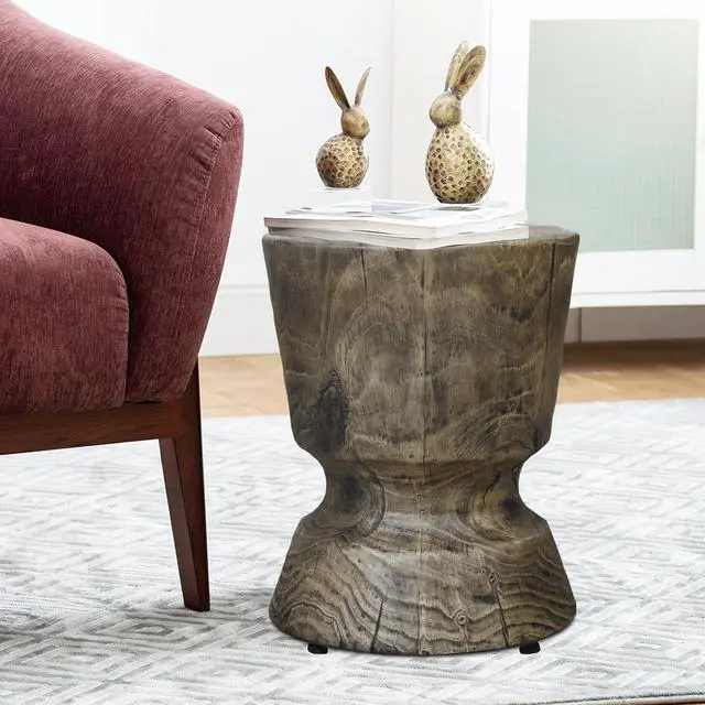 Alt view image 4 of 7 - Round Wood Look Accent Table, stool, wood stump, Grey