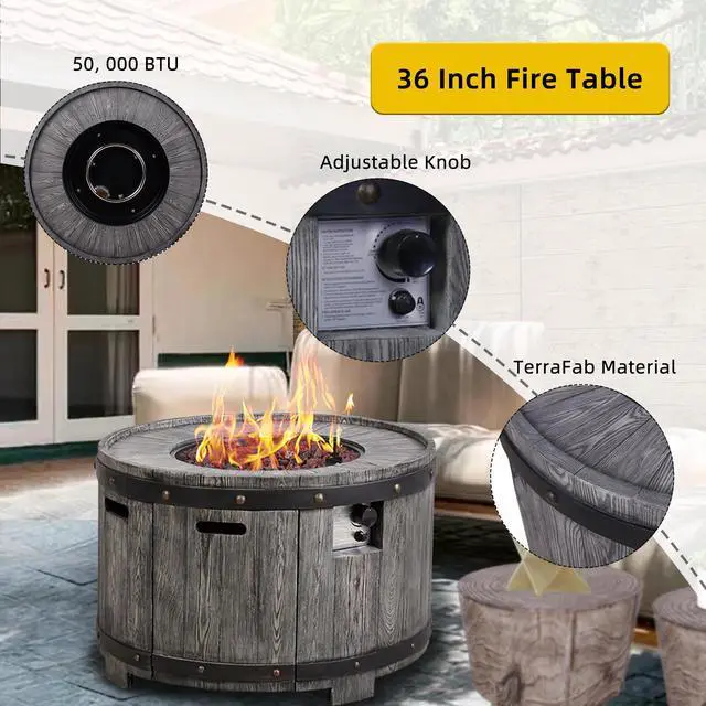 Alt view image 6 of 7 - 50000BTU, Grey Round Internal Gas Tank Fire Table for Outdoor Use