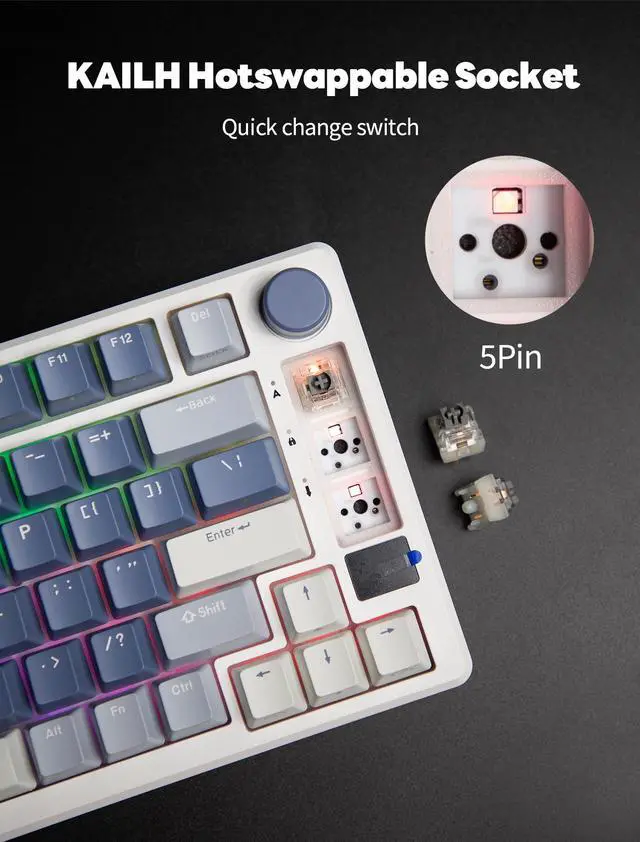 Alt view image 5 of 7 - RK ROYAL KLUDGE M75 Mechanical Keyboard 2.4GHz/Bluetooth/USB-C Wired Gaming Keyboard 75% Layout 81 Keys Gasket Mounted with OLED Smart Display & Knob, RGB Backlit Hot-Swappable Brown Switch