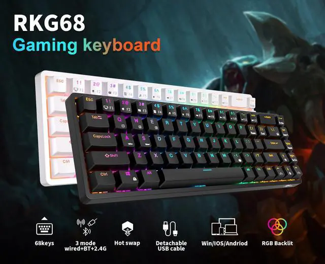 Alt view image 2 of 7 - RK ROYAL KLUDGE RK G68 2.4Ghz Wireless/Bluetooth/Wired 65% Mechanical Keyboard Hot Swappable Gaming Keyboard for Win/Mac Brown Switch White