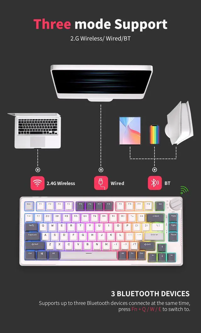 Alt view image 4 of 7 - RK ROYAL KLUDGE H81 Hot Swappable Mechanical Keyboard, Triple Mode 2.4Ghz/BT5.1/USB-C Knob Control Wireless Gaming Keyboard Gasket Mounted with RGB Backlit Blue Switch, 75% Layout 81 Keys