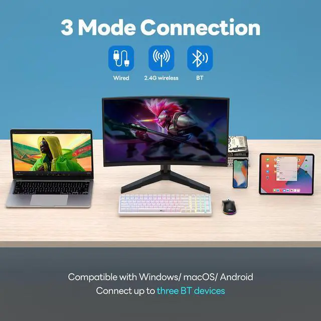 Alt view image 2 of 7 - RK ROYAL KLUDGE RK98 Wireless Mechanical Keyboard Triple Mode 2.4G/BT5.1/USB-C 100 Keys Hot Swappable RGB Backlit 3750mAh Battery Gaming Keyboard Ergonomic Design