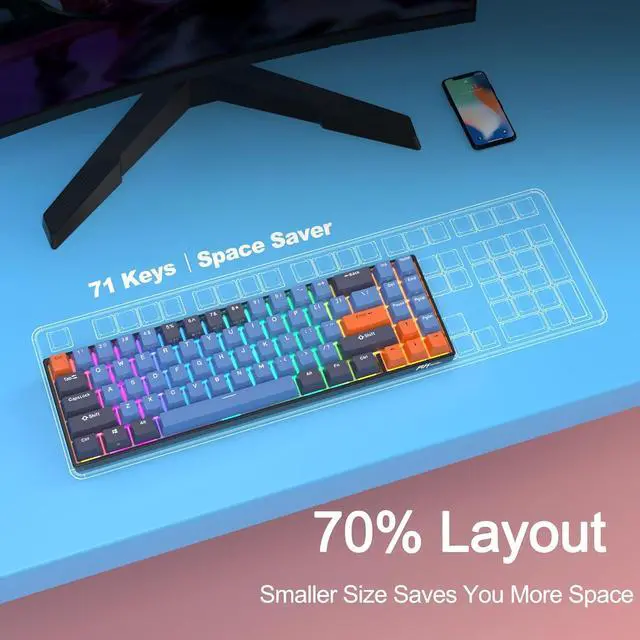 Alt view image 7 of 7 - RK ROYAL KLUDGE RK71 Mechanical Gaming Keyboard - 71 Keys Wireless Hot Swappable Mechanical Keyboard, Anti-Ghosting, RGB Backlit, Bluetooth5.0/2.4G/ Wired Computer Keyboard for PC Laptop, Brown Switch