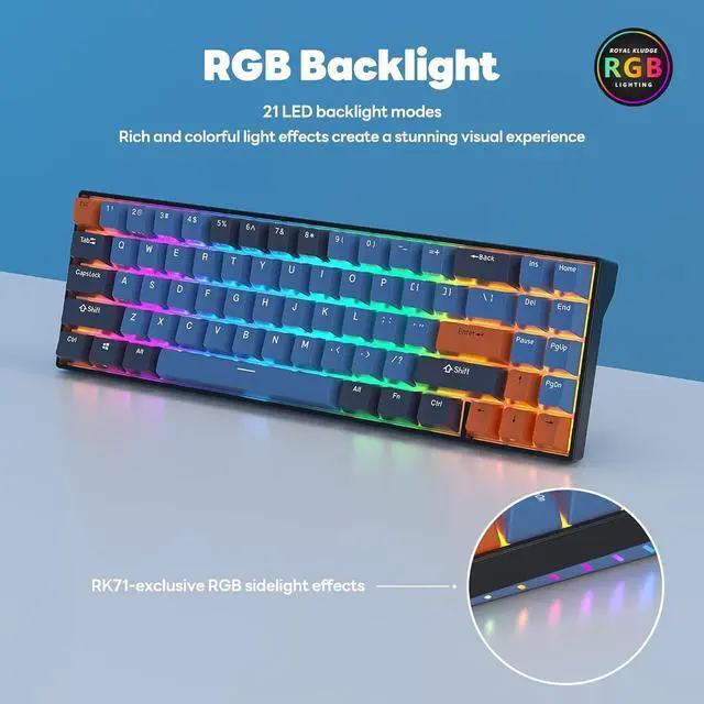 Alt view image 6 of 7 - RK ROYAL KLUDGE RK71 Mechanical Gaming Keyboard - 71 Keys Wireless Hot Swappable Mechanical Keyboard, Anti-Ghosting, RGB Backlit, Bluetooth5.0/2.4G/ Wired Computer Keyboard for PC Laptop, Brown Switch