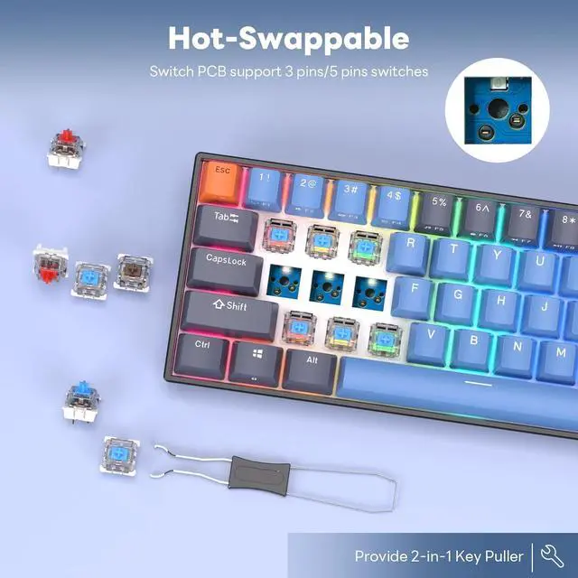 Alt view image 4 of 7 - RK ROYAL KLUDGE RK71 Mechanical Gaming Keyboard - 71 Keys Wireless Hot Swappable Mechanical Keyboard, Anti-Ghosting, RGB Backlit, Bluetooth5.0/2.4G/ Wired Computer Keyboard for PC Laptop, Brown Switch