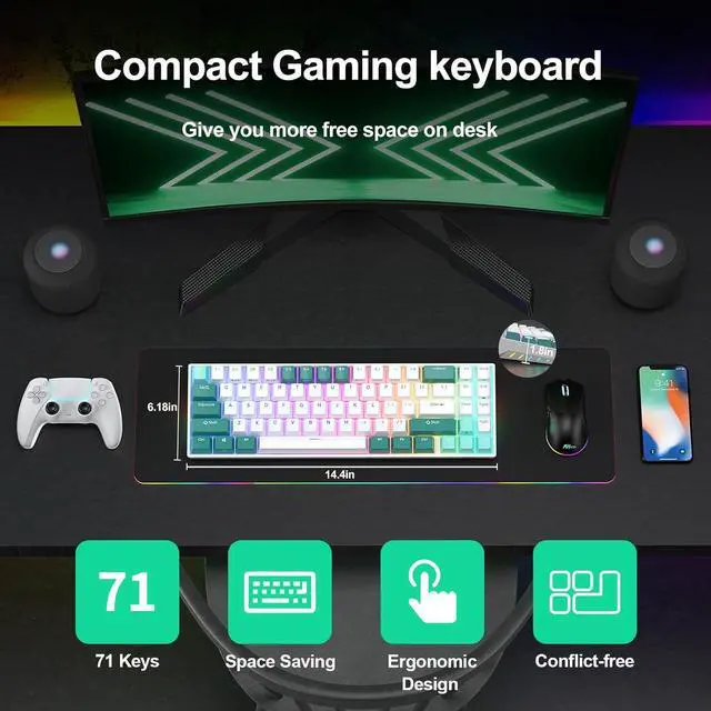 Alt view image 2 of 7 - RK ROYAL KLUDGE RK71 Mechanical Gaming Keyboard - 70% Layout Compact Small Keyboard, Hot-Swappable Custom Keyboard,2.4G/Bluetooth5.0/USB-C Wired Keyboard, Programmable Macro, RGB Backlit TKL Keyboard