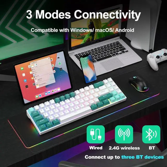 Alt view image 6 of 7 - RK ROYAL KLUDGE RK71 Mechanical Gaming Keyboard - 70% Layout Compact Small Keyboard, Hot-Swappable Custom Keyboard,2.4G/Bluetooth5.0/USB-C Wired Keyboard, Programmable Macro, RGB Backlit TKL Keyboard