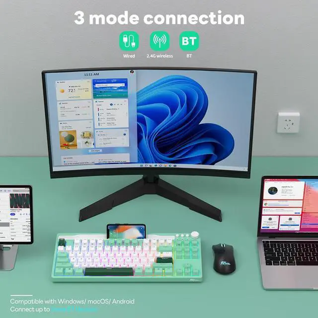 Alt view image 3 of 7 - RK Royal Kludge H87 Wireless Mechanical Keyboard Hot-wappable Tri-Mode 2.4G/USB-C/Bluetooth 87 keys RGB Backlit Garmer Keyboard