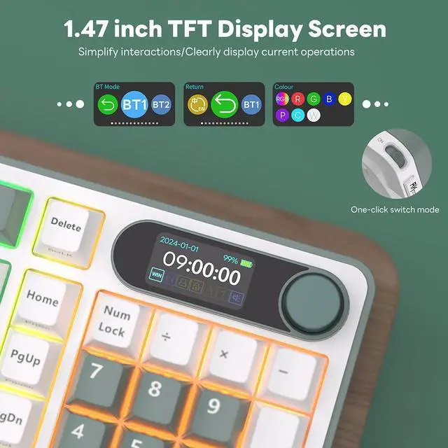 Alt view image 3 of 7 - RK ROYAL KLUDGE S98 Mechanical Keyboard w/Smart Display & Knob, Top Mount 96% Wireless Mechanical Keyboard BT/2.4G/USB-C, Hot Swappable, Software Support, Massive Battery, 98 Keys RK Blue
