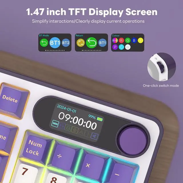 Alt view image 2 of 7 - RK ROYAL KLUDGE Mechanical Keyboard Smart Display Knob Top Mount 96% Wireless Mechanical Keyboard BT/2.4G/USB-C Hot Swappable Software Support Creamy Sounding 98 Keys Gaming Keyboard