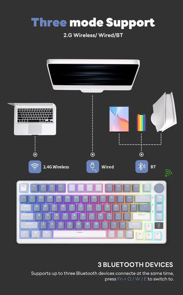Alt view image 3 of 7 - RK ROYAL KLUDGE M75 Mechanical Keyboard 2.4GHz/Bluetooth/USB-C Wired Gaming Keyboard 75% Layout 81 Keys Gasket Mounted with OLED Smart Display & Knob, RGB Backlit Hot-Swappable Fast Silver Switch