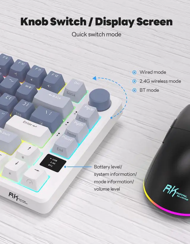 Alt view image 6 of 7 - RK ROYAL KLUDGE M75 Mechanical Keyboard 2.4GHz/Bluetooth/USB-C Wired Gaming Keyboard 75% Layout 81 Keys Gasket Mounted with OLED Smart Display & Knob, RGB Backlit Hot-Swappable Fast Silver Switch
