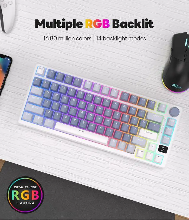 Alt view image 5 of 7 - RK ROYAL KLUDGE M75 Mechanical Keyboard 2.4GHz/Bluetooth/USB-C Wired Gaming Keyboard 75% Layout 81 Keys Gasket Mounted with OLED Smart Display & Knob, RGB Backlit Hot-Swappable Fast Silver Switch