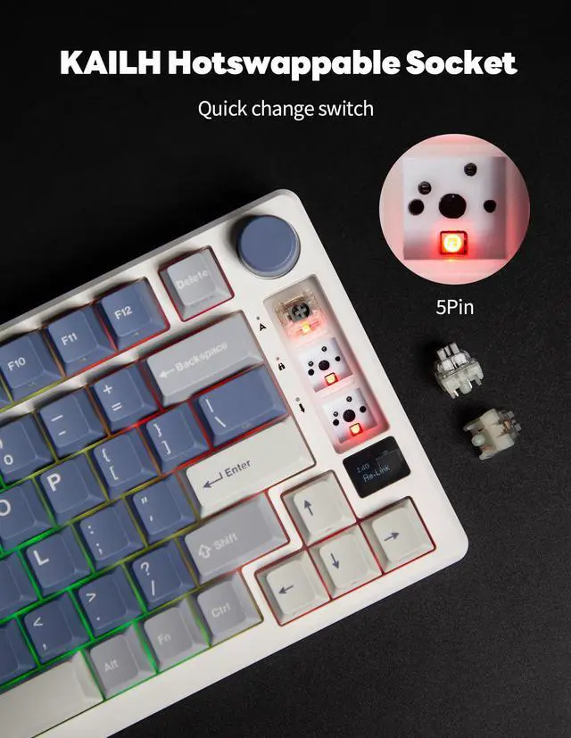 Alt view image 4 of 7 - RK ROYAL KLUDGE M75 Mechanical Keyboard 2.4GHz/Bluetooth/USB-C Wired Gaming Keyboard 75% Layout 81 Keys Gasket Mounted with OLED Smart Display & Knob, RGB Backlit Hot-Swappable Fast Silver Switch
