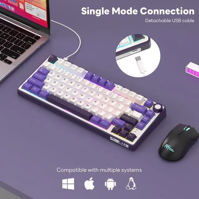 Alt view image 2 of 7 - RK ROYAL KLUDGE R75 Mechanical Keyboard Wired with Volumn Knob 75% TKL Custom Gaming Keyboard Gasket Mount RGB Backlit with Software MDA Profile Hot Swappable PBT Keycaps Keyboard Purple