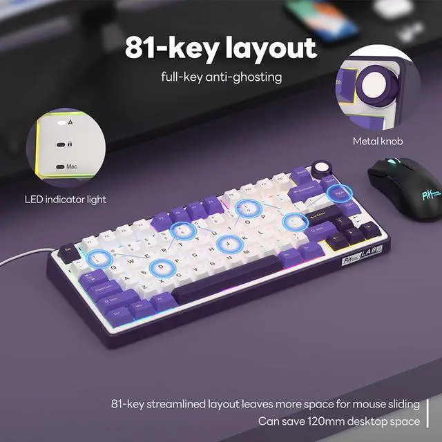 Alt view image 3 of 7 - RK ROYAL KLUDGE R75 Mechanical Keyboard Wired with Volumn Knob 75% TKL Custom Gaming Keyboard Gasket Mount RGB Backlit with Software MDA Profile Hot Swappable PBT Keycaps Keyboard Purple