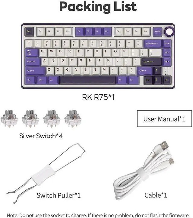 Alt view image 7 of 7 - RK ROYAL KLUDGE R75 Mechanical Keyboard Wired with Volumn Knob 75% TKL Custom Gaming Keyboard Gasket Mount RGB Backlit with Software MDA Profile Hot Swappable PBT Keycaps Keyboard Purple