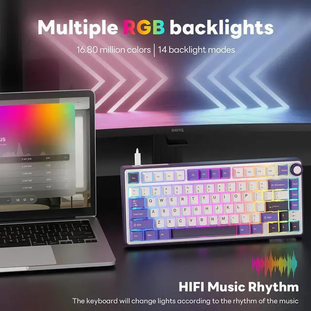 Alt view image 3 of 7 - RK ROYAL KLUDGE R75 Mechanical Keyboard Wired with Volumn Knob 75% TKL Custom Gaming Keyboard Gasket Mount RGB Backlit with Software MDA Profile Hot Swappable PBT Keycaps Keyboard Purple