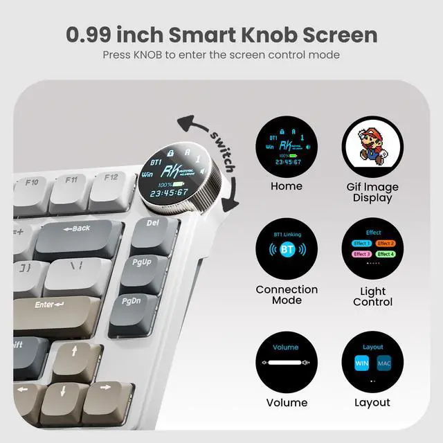 Alt view image 2 of 7 - RK ROYAL KLUDGE N80 Low Profile Mechanical Keyboard w/Smart Display Screen & Knob, 75% Top Mount 3-Modes Wireless Mechanical Keyboard, Software Support, Massive Battery, 80 Keys