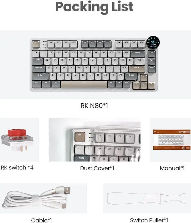 Alt view image 7 of 7 - RK ROYAL KLUDGE N80 Low Profile Mechanical Keyboard w/Smart Display Screen & Knob, 75% Top Mount 3-Modes Wireless Mechanical Keyboard, Software Support, Massive Battery, 80 Keys