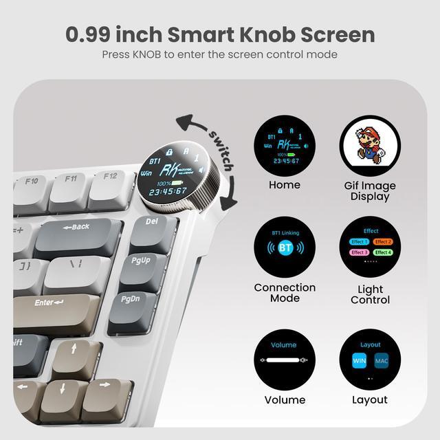 Alt view image 4 of 7 - RK ROYAL KLUDGE N80 Low Profile Mechanical Keyboard w/Smart Display Screen & Knob, 75% Top Mount 3-Modes Wireless Mechanical Keyboard, Software Support, Massive Battery, 80 Keys, Quiet Red Switch