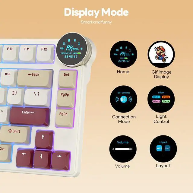 Alt view image 4 of 7 - RK ROYAL KLUDGE N80 Low Profile Mechanical Keyboard w/Smart Display Screen & Knob, 75% Top Mount 3-Modes Wireless Mechanical Keyboard, Software Support, Massive Battery, 80 Keys, Quiet Red Switch