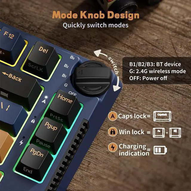 Alt view image 2 of 7 - RK ROYAL KLUDGE H81 Wireless Gaming Keyboard, Knob Control Triple Mode BT5.1/2.4Ghz/USB-C 75% Mechanical Keyboard Gasket Mount with RGB Backlit 3750mAH Battery, Hot Swappable Skycan Switches
