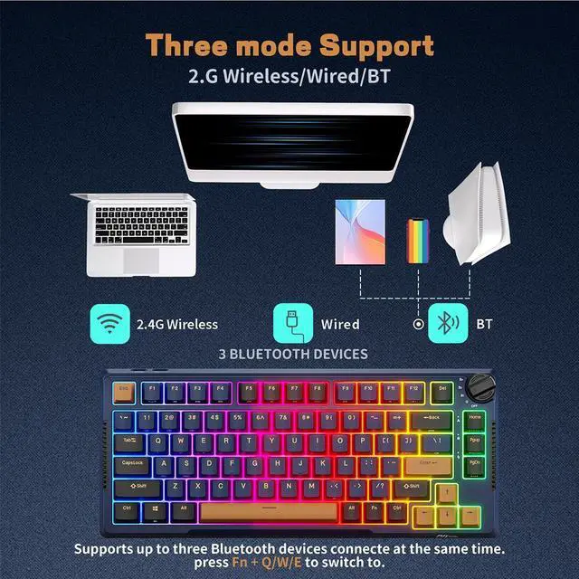 Alt view image 3 of 7 - RK ROYAL KLUDGE H81 Wireless Gaming Keyboard, Knob Control Triple Mode BT5.1/2.4Ghz/USB-C 75% Mechanical Keyboard Gasket Mount with RGB Backlit 3750mAH Battery, Hot Swappable Skycan Switches