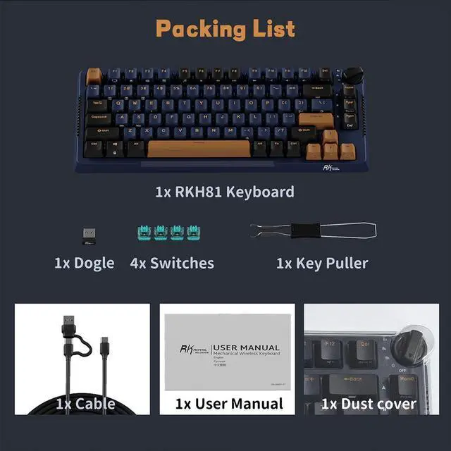 Alt view image 7 of 7 - RK ROYAL KLUDGE H81 Wireless Gaming Keyboard, Knob Control Triple Mode BT5.1/2.4Ghz/USB-C 75% Mechanical Keyboard Gasket Mount with RGB Backlit 3750mAH Battery, Hot Swappable Skycan Switches