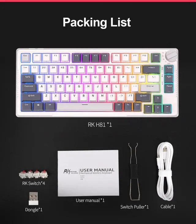 Alt view image 7 of 7 - RK ROYAL KLUDGE H81 Hot Swappable Mechanical Keyboard, Triple Mode 2.4Ghz/BT5.1/USB-C Knob Control Wireless Gaming Keyboard Gasket Mounted with RGB Backlit Blue Switch, 75% Layout 81 Keys