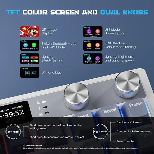 Alt view image 4 of 7 - RK ROYAL KLUDGE M87 Wireless Gaming Keyboard, 2.4Ghz/Bluetooth/USB-C Gasket Mechanical Keyboard with 7500mAh Battery, LCD Smart Display & Dual Knob, RGB Hot Swappable Cream Switch