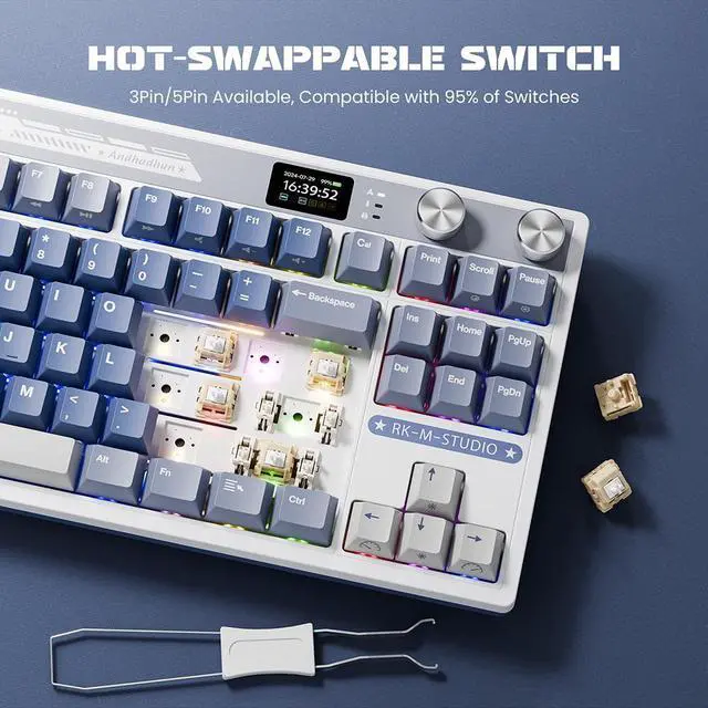 Alt view image 5 of 7 - RK ROYAL KLUDGE M87 Wireless Gaming Keyboard, 2.4Ghz/Bluetooth/USB-C Gasket Mechanical Keyboard with 7500mAh Battery, LCD Smart Display & Dual Knob, RGB Hot Swappable Cream Switch