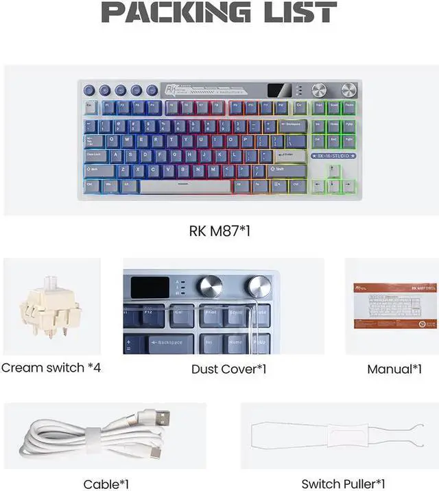 Alt view image 7 of 7 - RK ROYAL KLUDGE M87 Wireless Gaming Keyboard, 2.4Ghz/Bluetooth/USB-C Gasket Mechanical Keyboard with 7500mAh Battery, LCD Smart Display & Dual Knob, RGB Hot Swappable Cream Switch