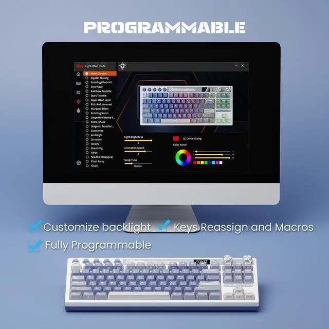 Alt view image 6 of 7 - RK ROYAL KLUDGE M87 Wireless Gaming Keyboard, 2.4Ghz/Bluetooth/USB-C Gasket Mechanical Keyboard with 7500mAh Battery, LCD Smart Display & Dual Knob, RGB Hot Swappable Cream Switch