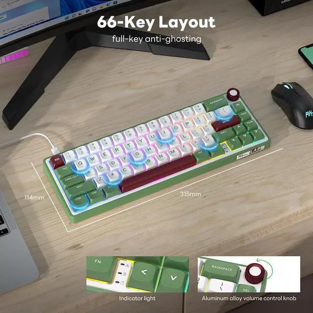 Alt view image 3 of 7 - RK ROYAL KLUDGE Gaming Keyboard 5Q RGB 60% White/Green RK Snow Switches