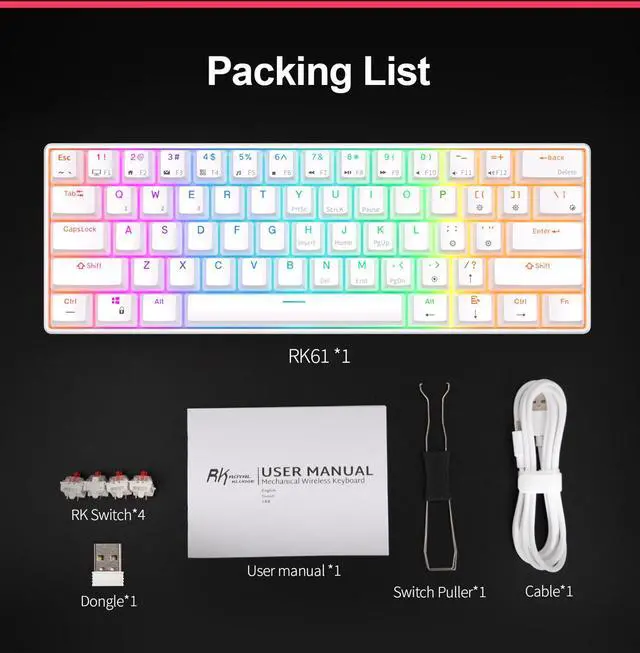 Alt view image 7 of 7 - RK ROYAL KLUDGE RK61 Mini Gaming Keyboard Hot Swappable Mechanical  Keyboard Portable 61 Keys RGB Wired/Wireless Keyboard Custom Keybaord for Computer Brown Switch White