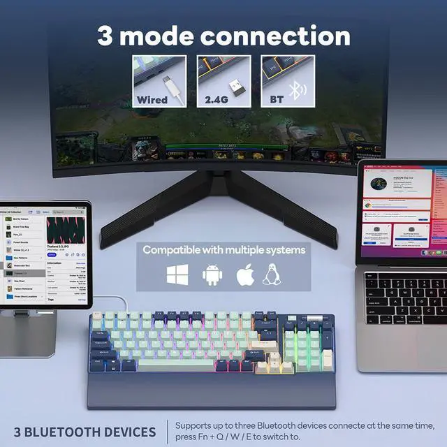 Alt view image 3 of 7 - RK ROYAL KLUDGE RK96 Wireless Bluetooth Mechanical Keyboard 96 Keys RGB Tri-Mode BT5.0/2.4G/USB Hot-swappable Gamer Keyboard Red Switch Black