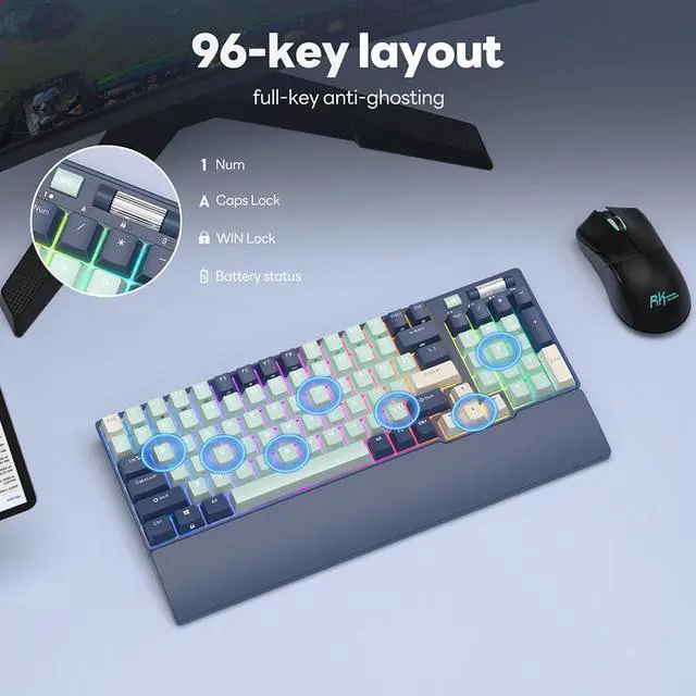 Alt view image 5 of 7 - RK ROYAL KLUDGE RK96 RGB Limited Ed 90% 96 Keys Wireless Triple Mode BT5.0/2.4G/USB-C Hot Swappable Mechanical Keyboard with Wrist Rest Software Support & Massive Battery