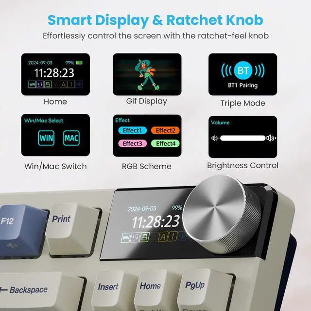 Alt view image 3 of 7 - RK ROYAL KLUDGE S85 Wireless Mechanical Keyboard, TKL Keyboard with Display & Knob, Hot-Swappable Custom Programmable Macro Keyboard with Tactile Beige Switch, 7200mAh Battery, 85 Keys
