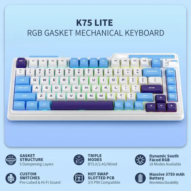Alt view image 2 of 7 - RK ROYAL KLUDGE K75 Lite Wireless Mechanical Keyboard, 75% Gasket Mount RGB Gaming Keyboard w/ 3-Mode Knob BT 5.0/2.4G/USB-C Wired, Hot Swappable, 5-Layer Padding & Creamy Linear Switches, 82 Keys