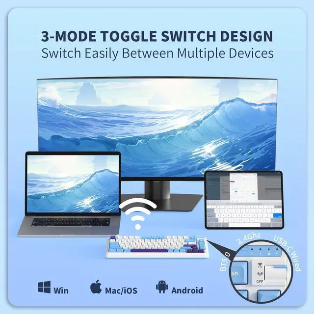 Alt view image 3 of 7 - RK ROYAL KLUDGE K75 Lite Wireless Mechanical Keyboard, 75% Gasket Mount RGB Gaming Keyboard w/ 3-Mode Knob BT 5.0/2.4G/USB-C Wired, Hot Swappable, 5-Layer Padding & Creamy Linear Switches, 82 Keys
