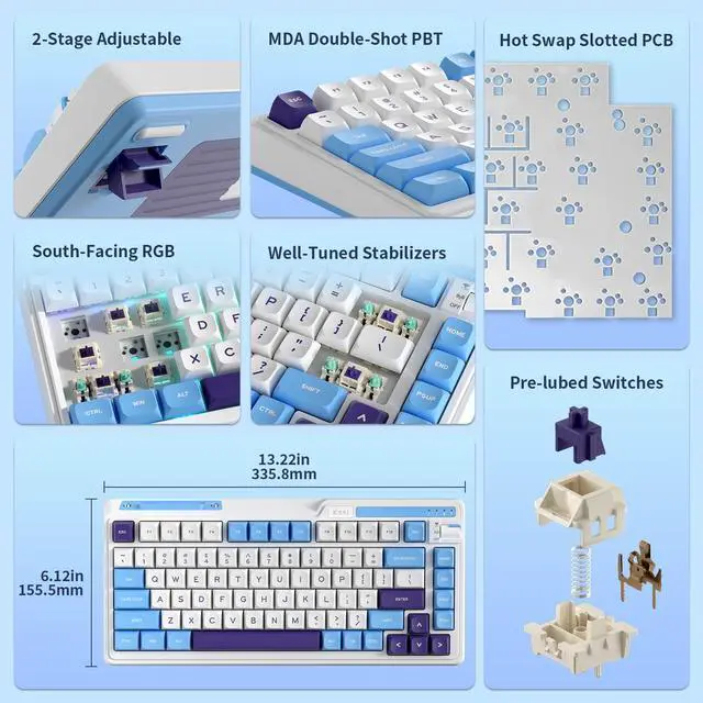 Alt view image 4 of 7 - RK ROYAL KLUDGE K75 Lite Wireless Mechanical Keyboard, 75% Gasket Mount RGB Gaming Keyboard w/ 3-Mode Knob BT 5.0/2.4G/USB-C Wired, Hot Swappable, 5-Layer Padding & Creamy Linear Switches, 82 Keys